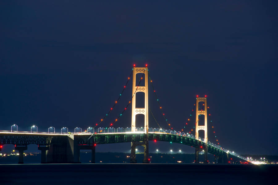 Illuminated Mackinac Bridge Under Starry Night Wallpaper