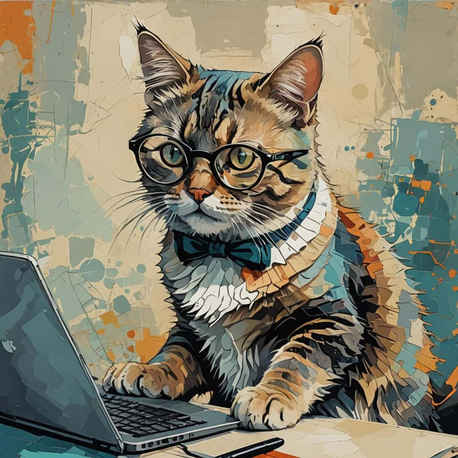 Intellectual Cat At Computer Artwork Wallpaper