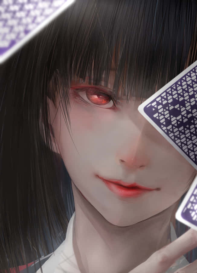 Intense Gaze Anime Characterwith Playing Card Wallpaper