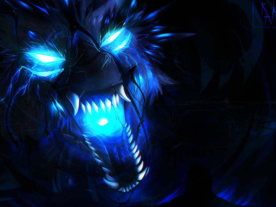 Intense Gaze Of A Blue Wolf Amidst Lightning Wallpaper