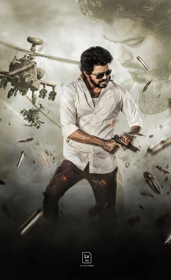 Intense Moment Of Beast Vijay Amidst A Shower Of Bullets Wallpaper