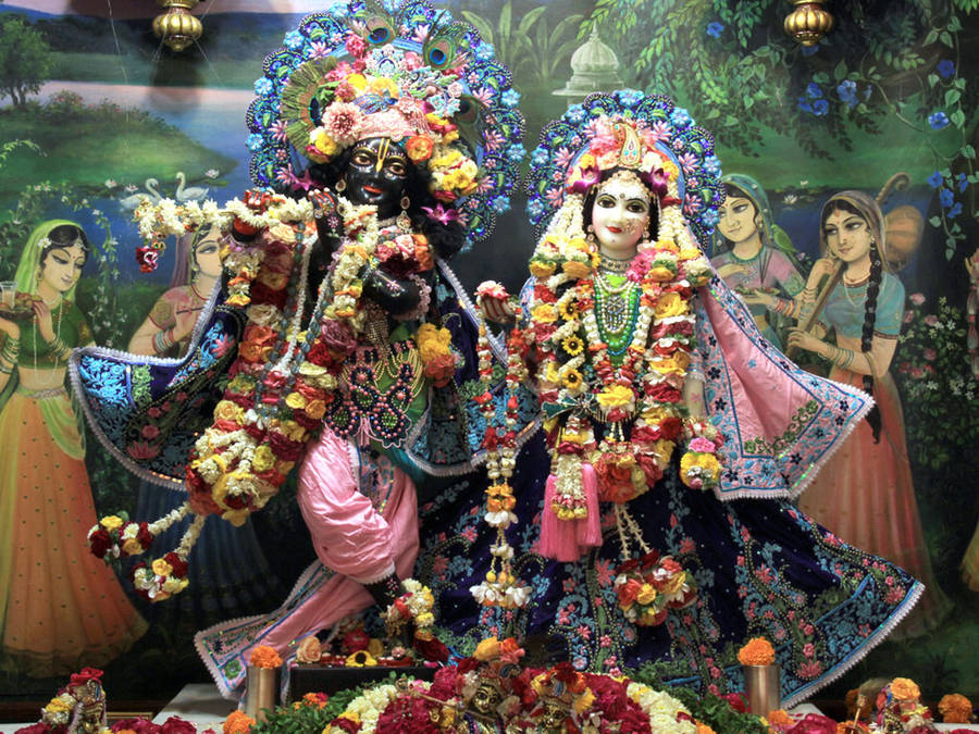 Iskcon Krishna And Radha With Vaishnava Women Wallpaper