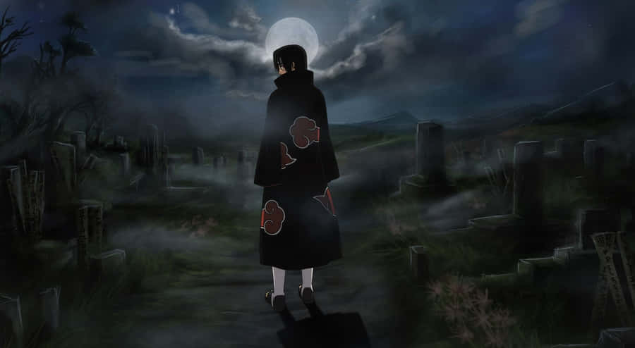 Itachi Aesthetic Wearing Akatsuki Cloud Robe Walking In Graveyard Under Moon Night Wallpaper