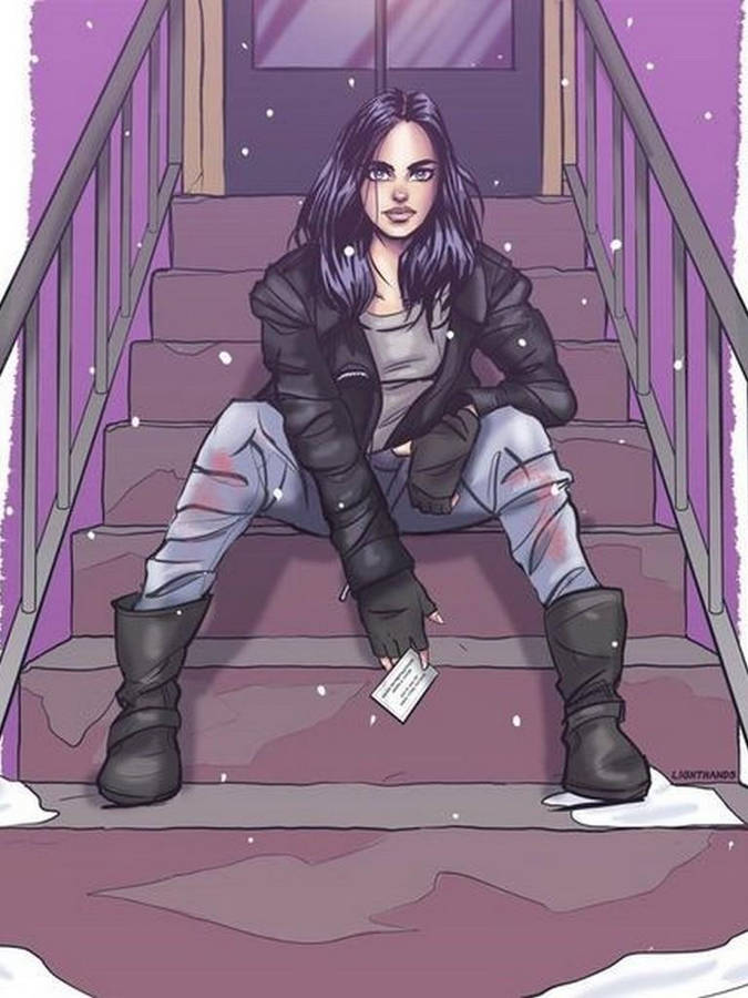 Jessica Jones Cartoon In Stairs Wallpaper