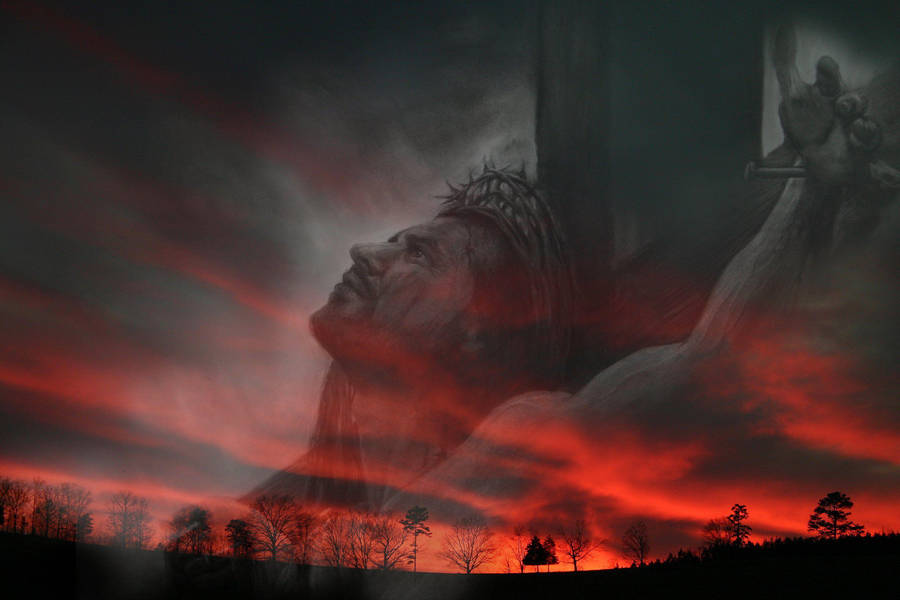 Jesus On Cross Over Landscape Artwork Wallpaper