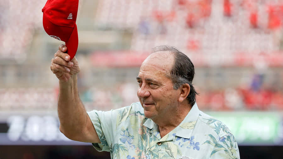 Johnny Bench Holding Red Baseball Cap Wallpaper