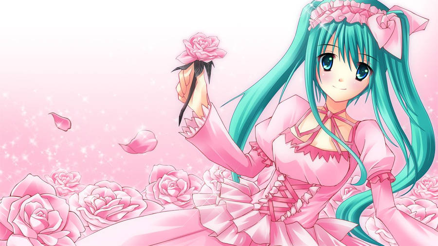 Kawaii Anime Hatsune Miku With Pink Dress And Roses Wallpaper