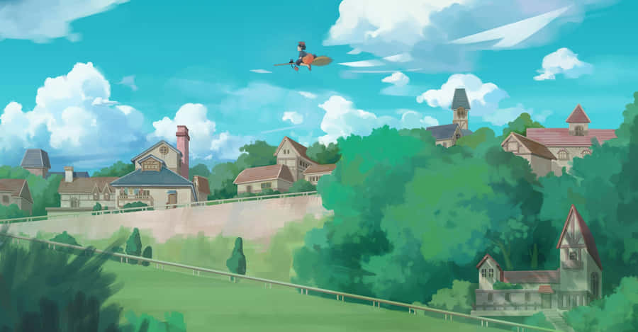 Kiki's Delivery Service: A Young Witch Flying Over The City With Her Trusty Cat Jiji Wallpaper