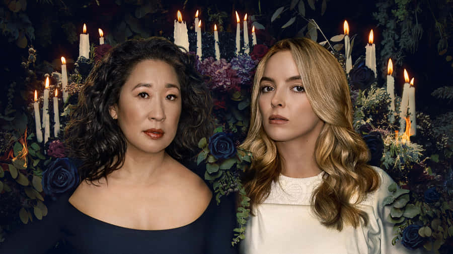 Killing Eve Lead Characters Floral Backdrop Wallpaper