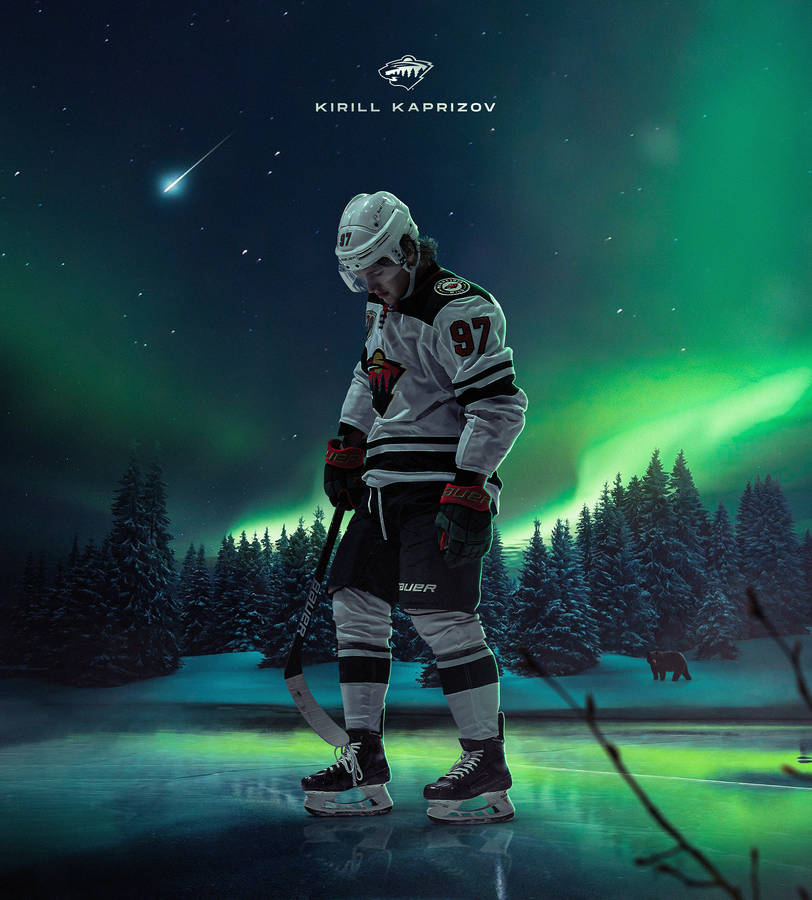 Kirill Kaprizov Against The Backdrop Of Aurora Borealis Wallpaper