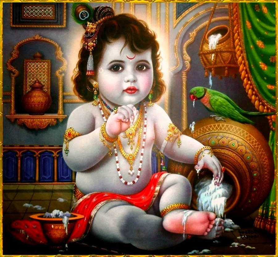 Krishna Bhagwan With Butter Everywhere Wallpaper