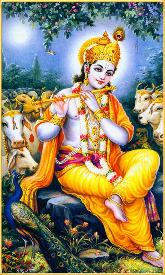 Krishna Phone With Cow Herd Wallpaper