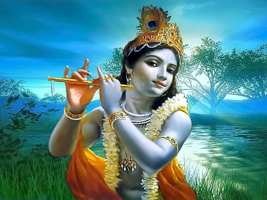 Krishna Playing Flute Beside River Wallpaper