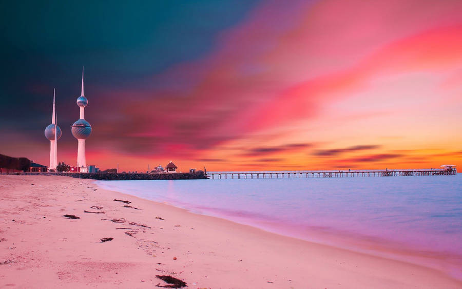 Kuwait Towers Facing Calm Sea Wallpaper