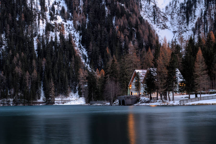 Lake House Snow Mountain Wallpaper