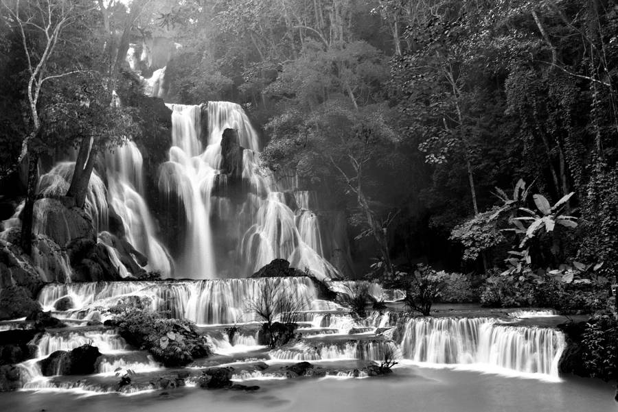 Laos Greyscale Kuang Si Falls Wallpaper