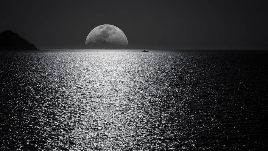 Laptop With A Breathtaking Nocturnal Sea View And Moon On Display Wallpaper