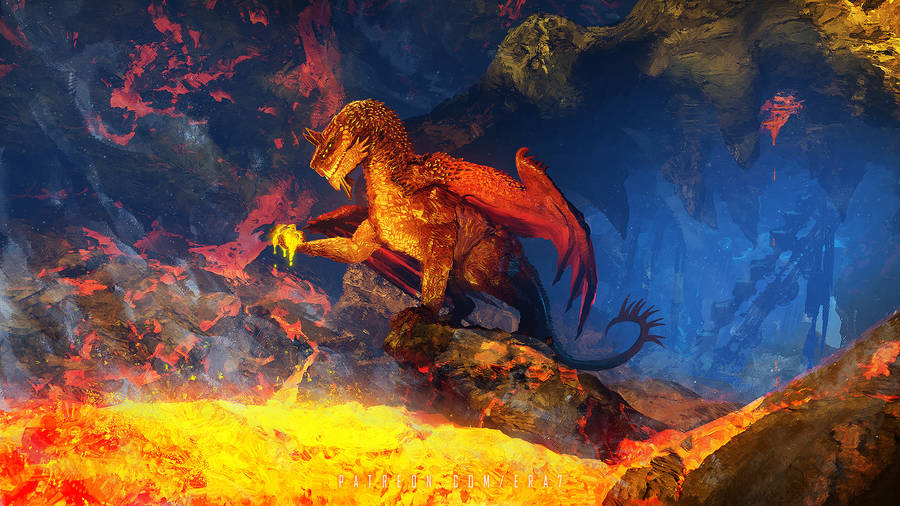 Lava Dragon Scooping Molten Lava Wallpaper