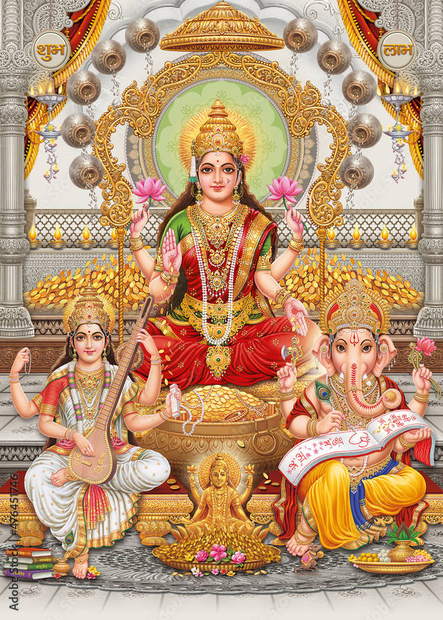 Laxmi Ganesh Saraswat Gold Coins Wallpaper