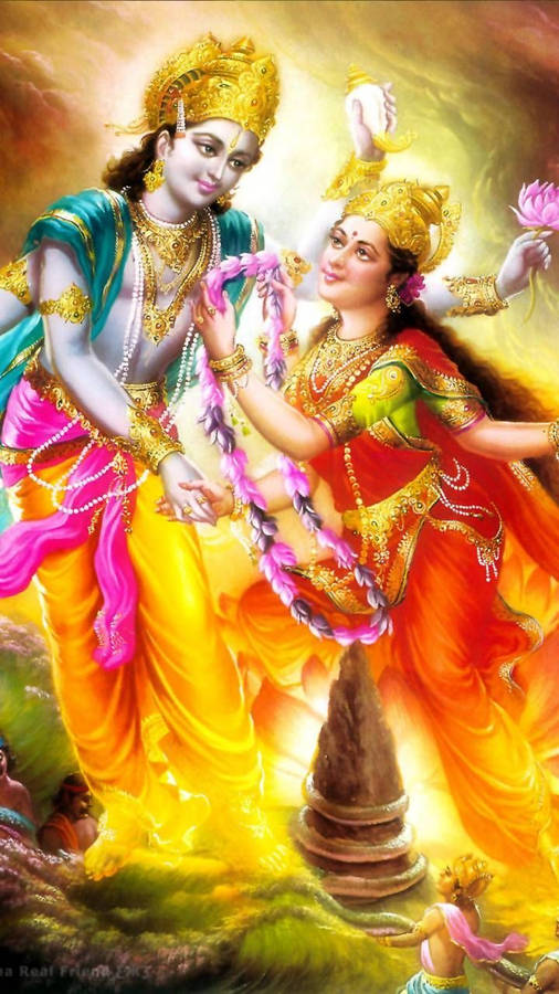 Laxmi Narayan Lakshmi Giving Vishnu Garland Wallpaper