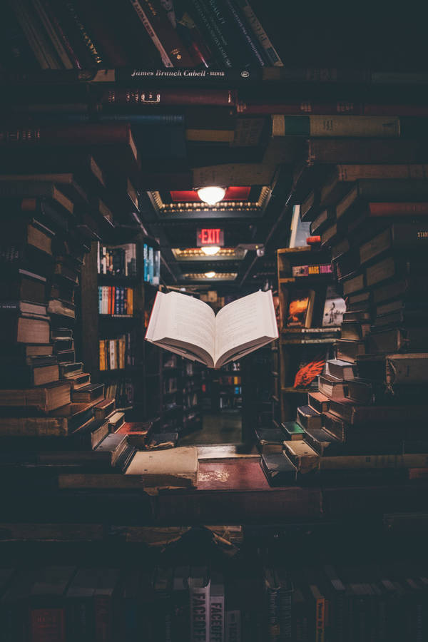 Library Shelf With Open Book Wallpaper