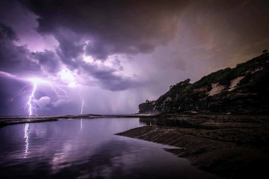 Light Purple Lightning Over Water Wallpaper