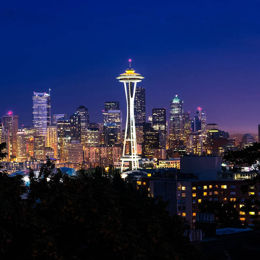Lighted Space Needle Seattle Skyline Washington Wallpaper WallpapersOK