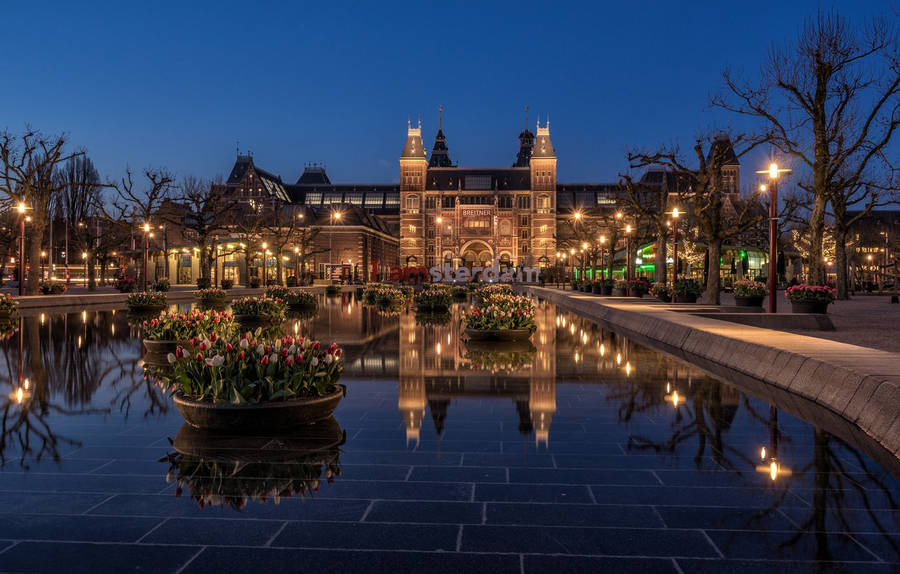 Lights Reflecting On Rijksmuseum Pond Wallpaper