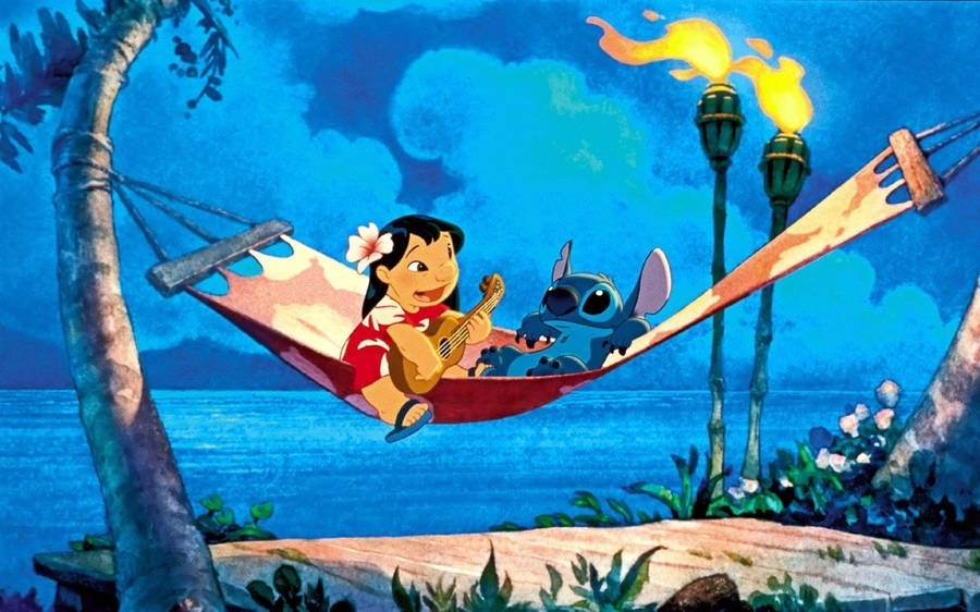 Lilo Stitch Jamming On A Hammock Wallpaper