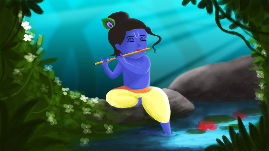 Little Krishna Hd Playing Flute On Tree Root Wallpaper