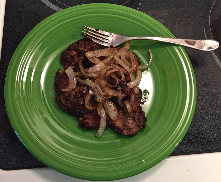 Liver Dinner With Onions On A Green Plate Wallpaper