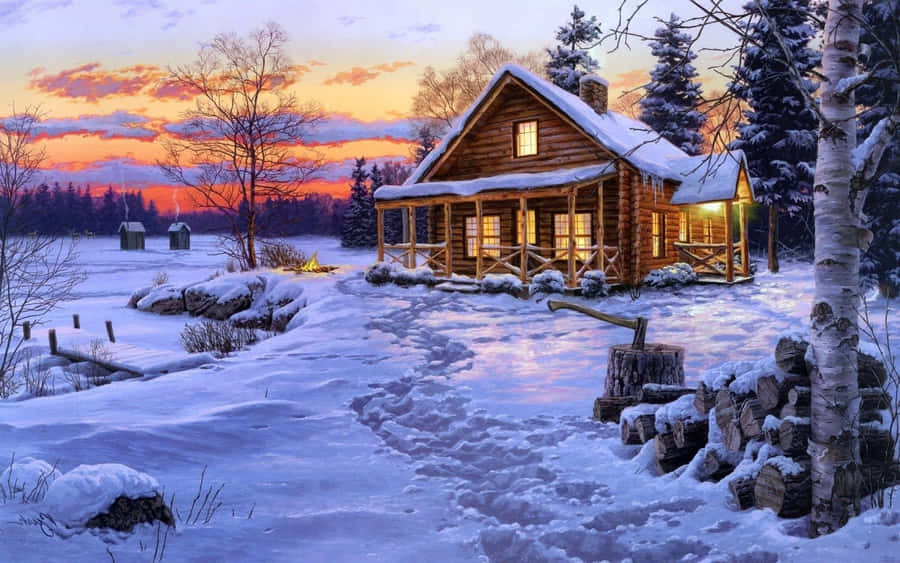 Log Cabin Painting Wallpaper