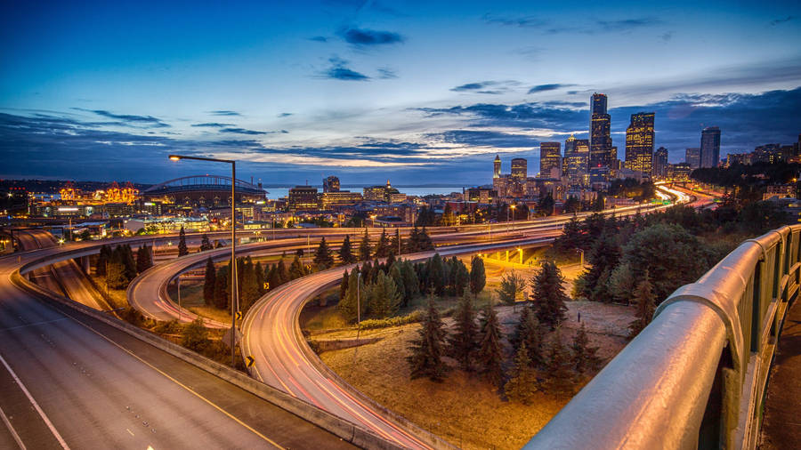 Long Road Lighted Seattle Skyline Wallpaper