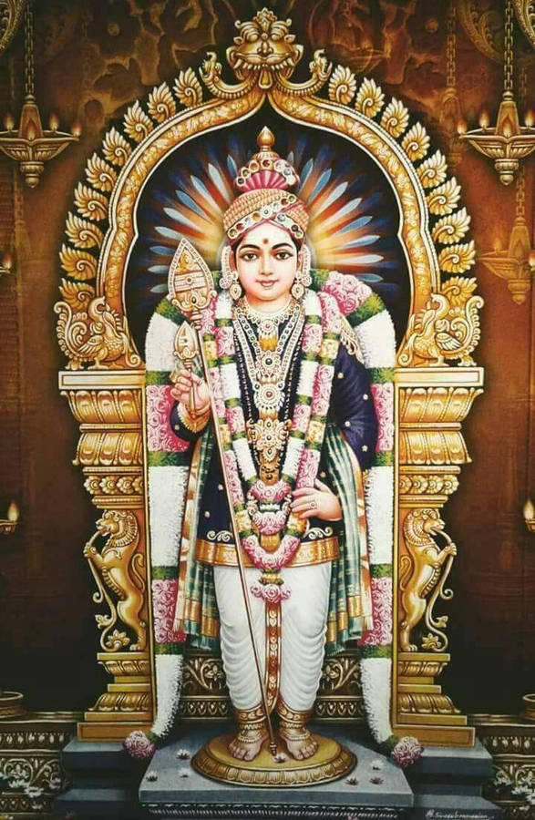 Lord Murugan Adorned With Flower Garlands Wallpaper