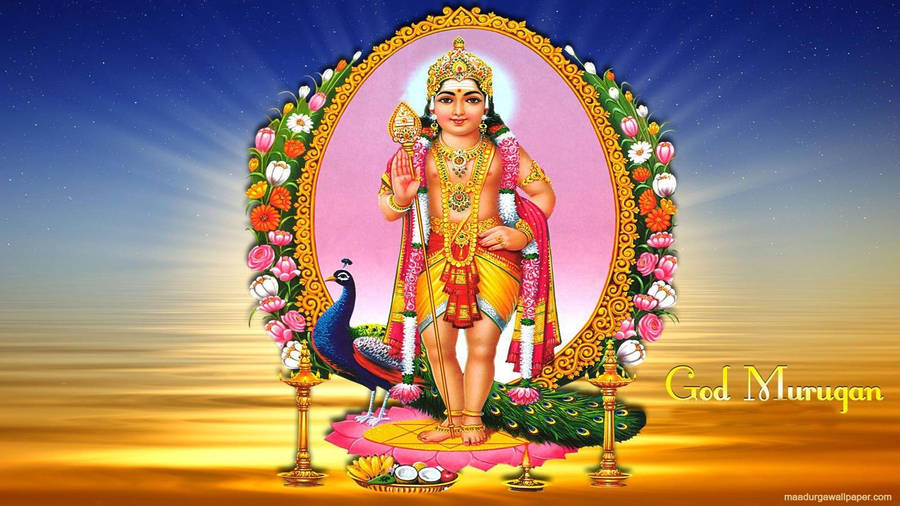 Lord Murugan Against Golden Pink Mirror Wallpaper