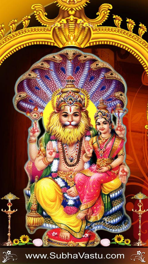 Lord Narasimha Gold And Red Wallpaper