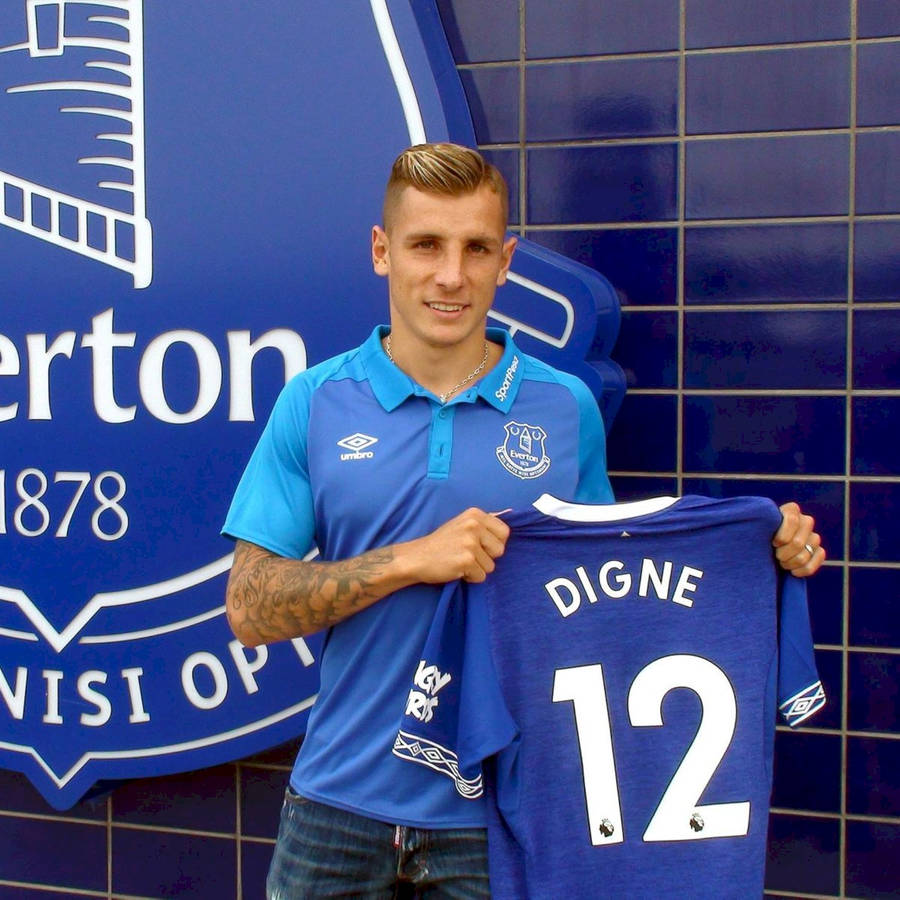 Lucas Digne Holding Everton Jersey Wallpaper