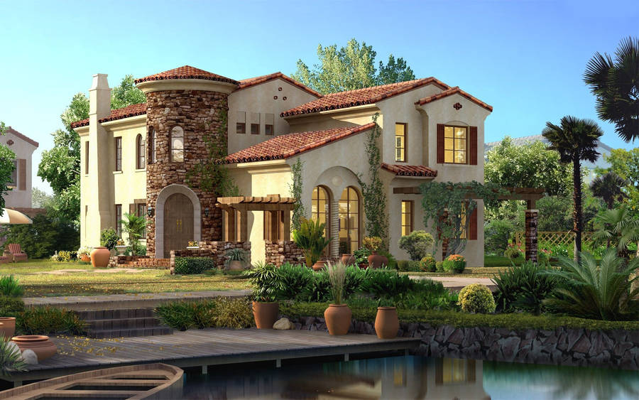 Luxury Stone House Lakeside Wallpaper