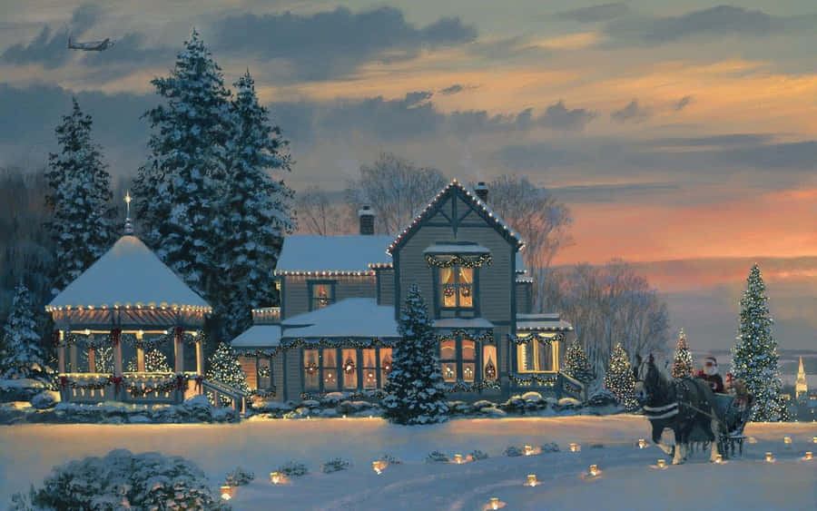 Magical Christmas Snowfall On A Cozy Desktop Wallpaper