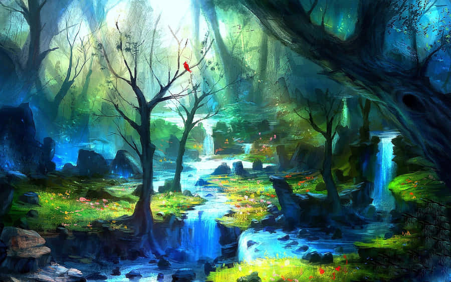 Magical Forest With Glowing Waterfalls Wallpaper