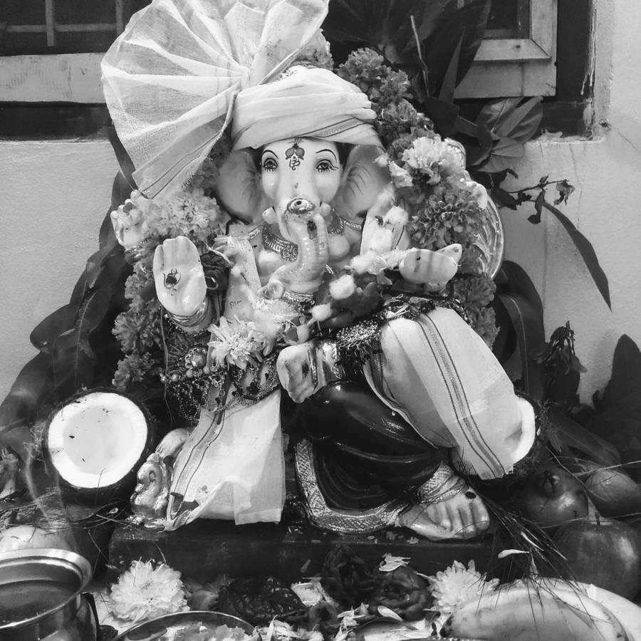 Majestic Black And White Ganesh Deity Wallpaper