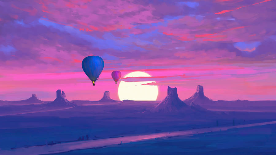 Majestic Desert Sun With Hot Air Balloons Wallpaper