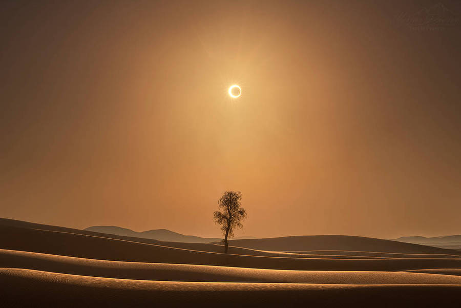 Majestic Solar Eclipse Igniting The Desert Sky Wallpaper