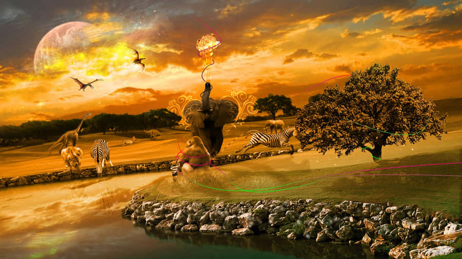 Majestic Sun Setting Over A Lake In The African Savannah Wallpaper