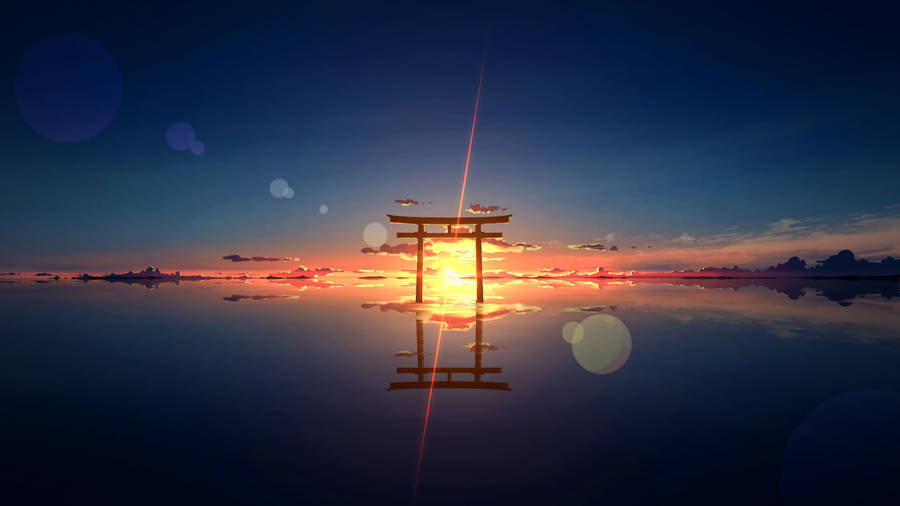 Majestic Torii Gate Reflecting On Serene Waters Wallpaper