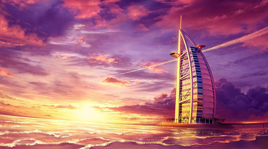 Majestic View Of Burj Al Arab Under The Enchanting Pink Sky Wallpaper