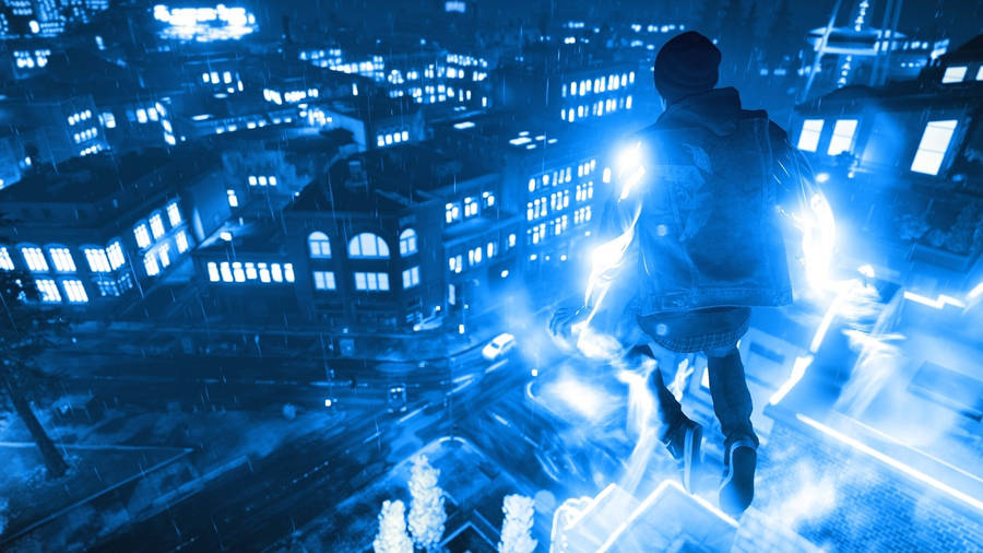 Man In The Neon Blue City Wallpaper