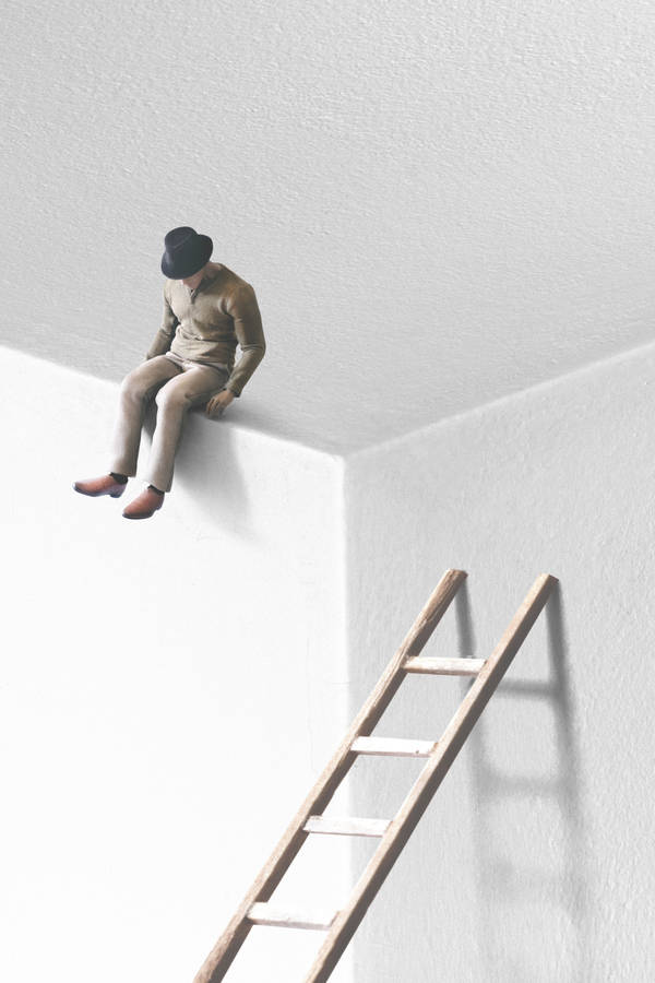 Man Sitting On A Ladder Contemplating Wallpaper