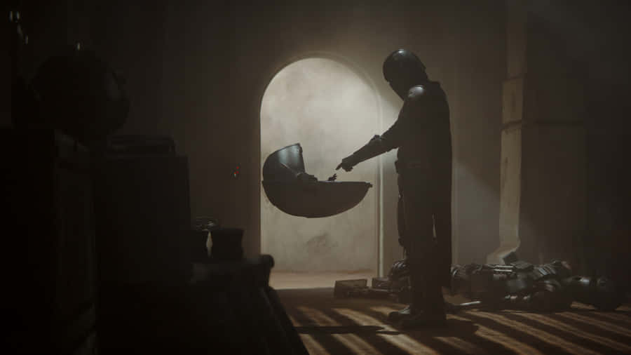 Mandalorian Yoda Playing In A Room Wallpaper