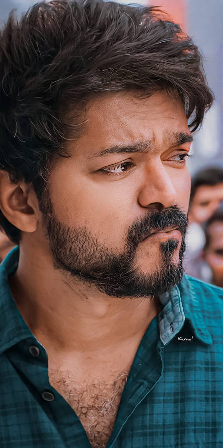 Master Vijay In Blue Shirt Closeup Wallpaper